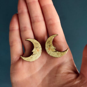 Crescent Moon Stud Earrings, Ochre and Gold