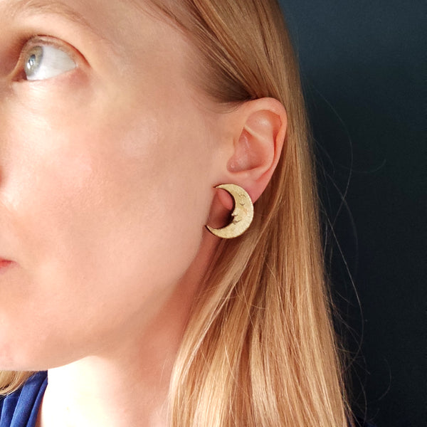 Crescent Moon Stud Earrings, Ochre and Gold