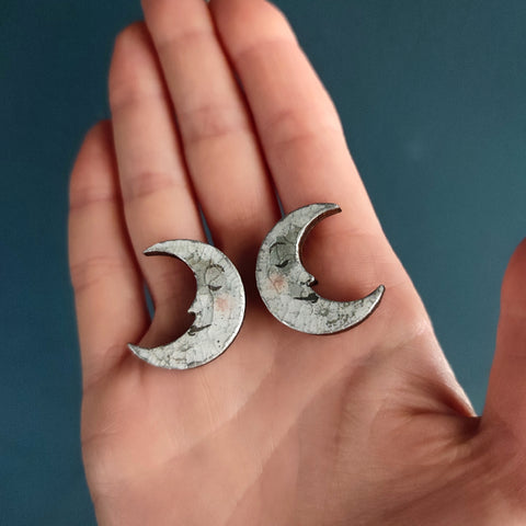 Crescent Moon Stud Earrings - Silver & Grey