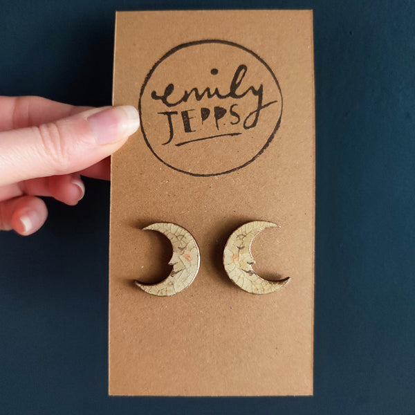 Crescent Moon Stud Earrings, Ochre and Gold