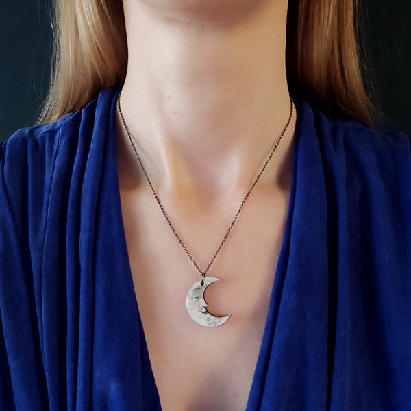 Crescent Moon Pendant Necklace, Silver and Grey