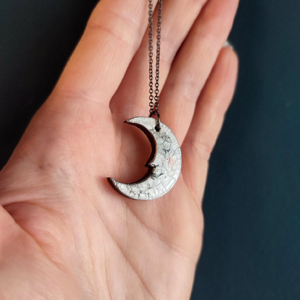 Crescent Moon Pendant Necklace, Silver and Grey