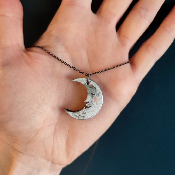 Crescent Moon Pendant Necklace, Silver and Grey