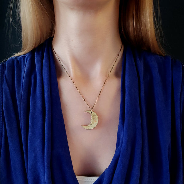 Crescent Moon Pendant Necklace, Ochre and Gold