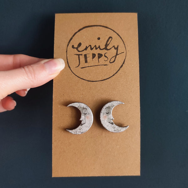 Crescent Moon Stud Earrings - Silver & Grey